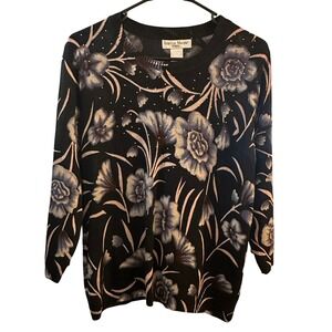 Rebecca Malone Petites Black Floral‎ Rhinestone Knit Sweater Size Petite Large